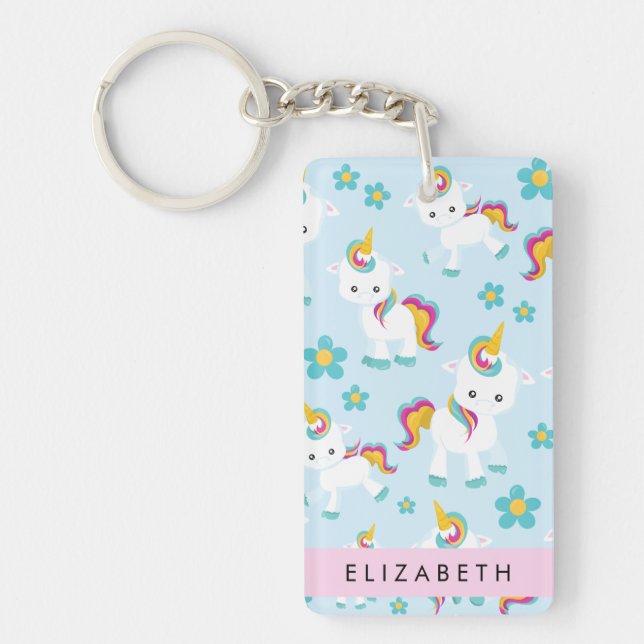 Pattern Of Unicorns, Cute Unicorns, Your Name Keychain (Front)