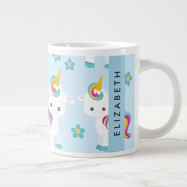 Pattern Of Unicorns, Cute Unicorns, Your Name Large Coffee Mug (Right)