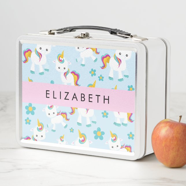 Pattern Of Unicorns, Cute Unicorns, Your Name Metal Lunch Box (In Situ)