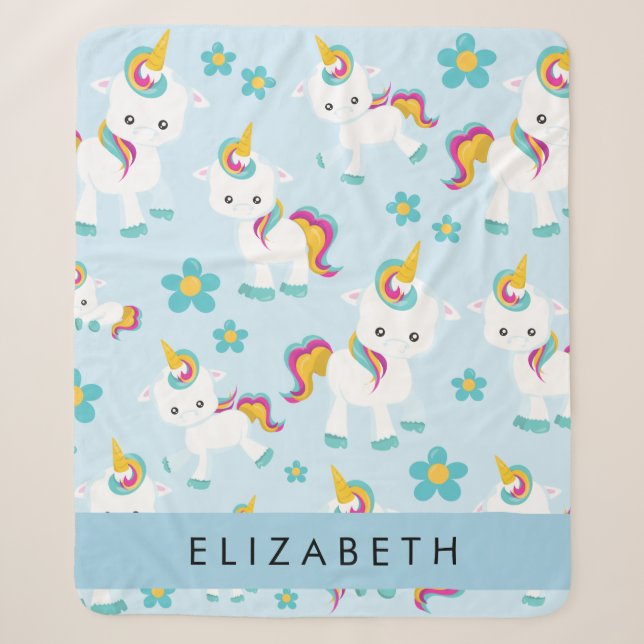 Pattern Of Unicorns, Cute Unicorns, Your Name Sherpa Blanket (Front)
