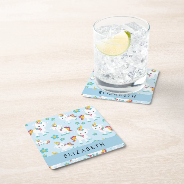 Pattern Of Unicorns, Cute Unicorns, Your Name Square Paper Coaster (Insitu)
