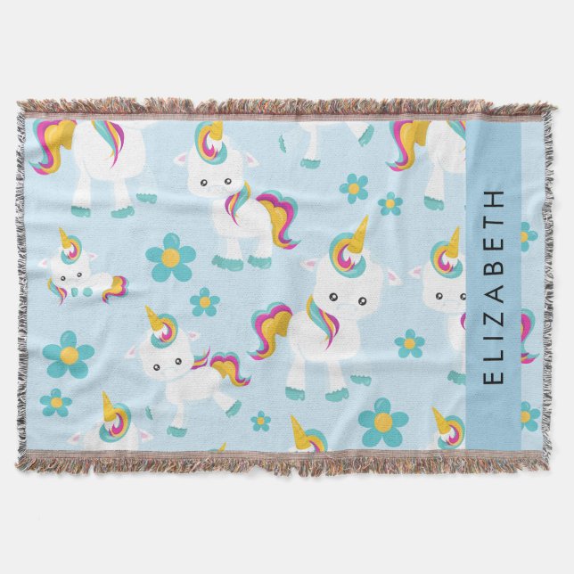Pattern Of Unicorns, Cute Unicorns, Your Name Throw Blanket (Front)