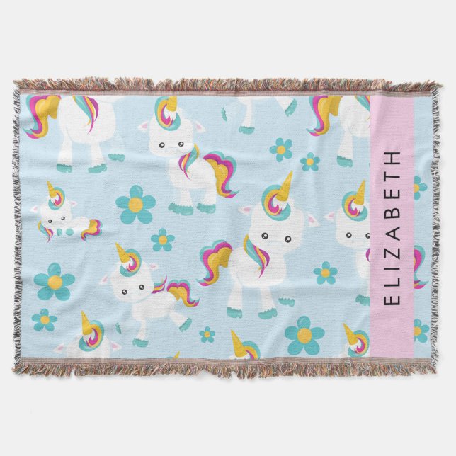 Pattern Of Unicorns, Cute Unicorns, Your Name Throw Blanket (Front)
