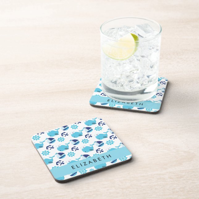 Pattern Of Whales, Blue Whales, Your Name Coaster (Right Side)