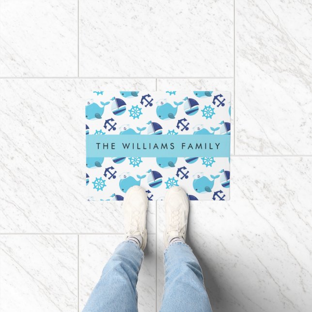 Pattern Of Whales, Blue Whales, Your Name Doormat (Indoor)