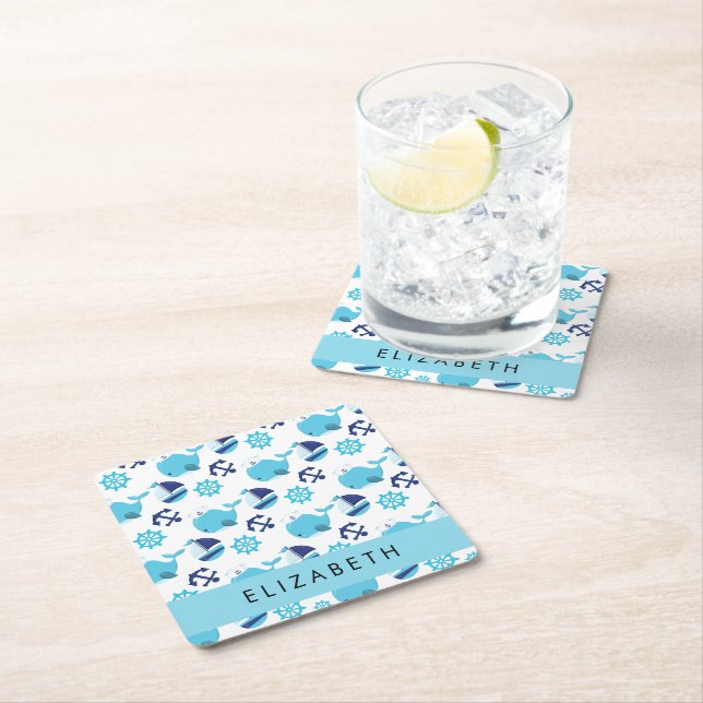 Pattern Of Whales, Blue Whales, Your Name Square Paper Coaster (Insitu)