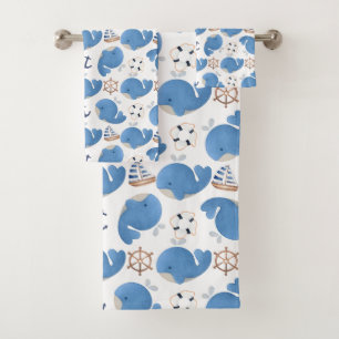 Pattern Of Whales, Cute Whales, Blue Whales Bath Towel Set