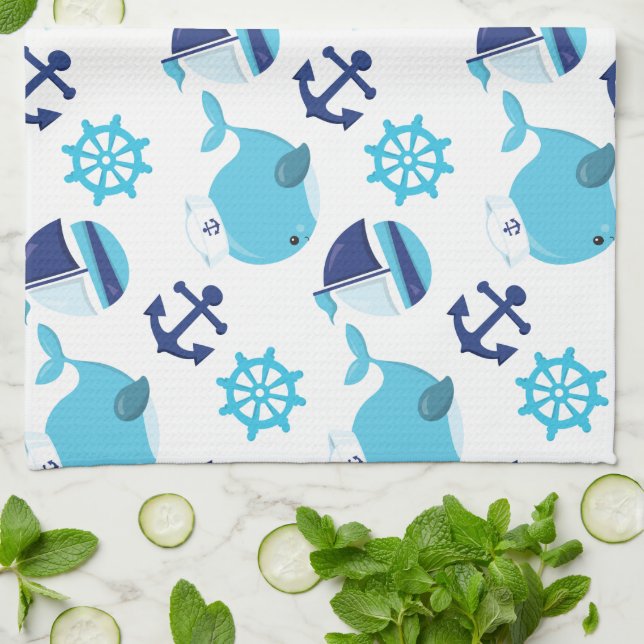 Pattern Of Whales, Cute Whales, Blue Whales Kitchen Towel (Folded)
