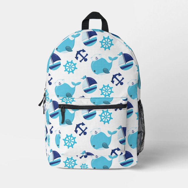 Pattern Of Whales, Cute Whales, Blue Whales Printed Backpack (Front)