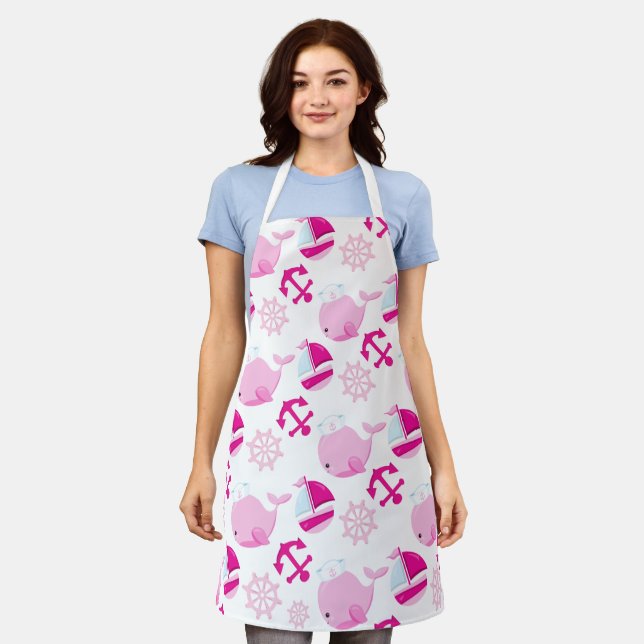 Pattern Of Whales, Cute Whales, Pink Whales Apron (Worn)