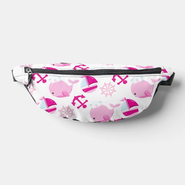Pattern Of Whales, Cute Whales, Pink Whales Fanny Pack (Lay Down)