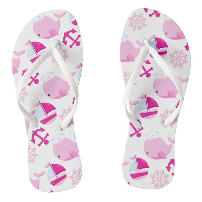 Pattern Of Whales, Cute Whales, Pink Whales Flip Flops (Footbed)