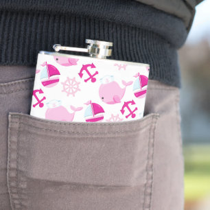 Pattern Of Whales, Cute Whales, Pink Whales Hip Flask