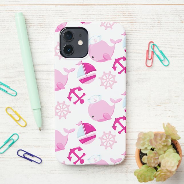 Pattern Of Whales, Cute Whales, Pink Whales iPhone Case (On Desk)
