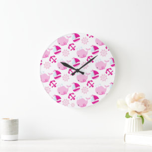 Pattern Of Whales, Cute Whales, Pink Whales Large Clock