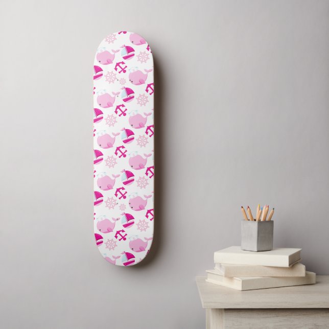 Pattern Of Whales, Cute Whales, Pink Whales Skateboard (Wall Art)
