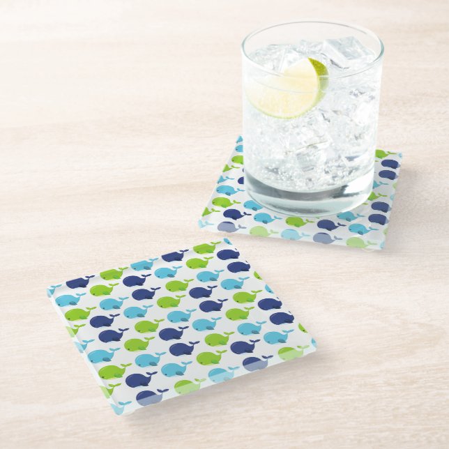 Pattern Of Whales, Cute Whales, Sea Animals Glass Coaster (Angled)