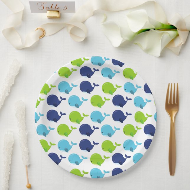 Pattern Of Whales, Cute Whales, Sea Animals Paper Plate (Wedding)