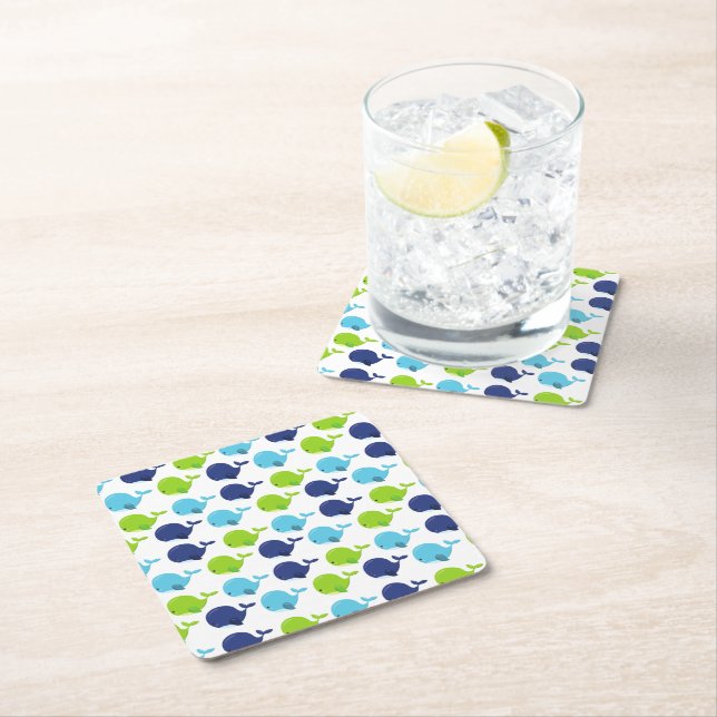 Pattern Of Whales, Cute Whales, Sea Animals Square Paper Coaster (Insitu)