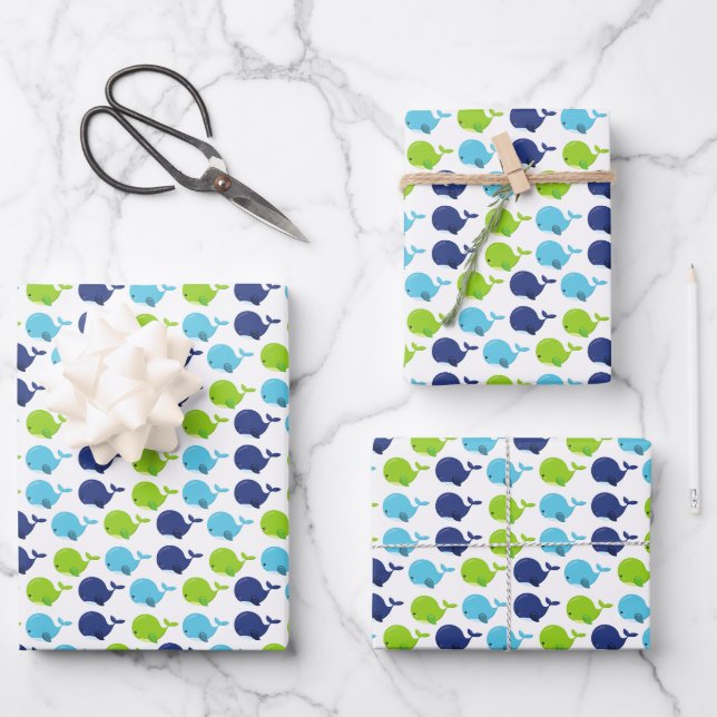 Pattern Of Whales, Cute Whales, Sea Animals Wrapping Paper Sheet (Front)