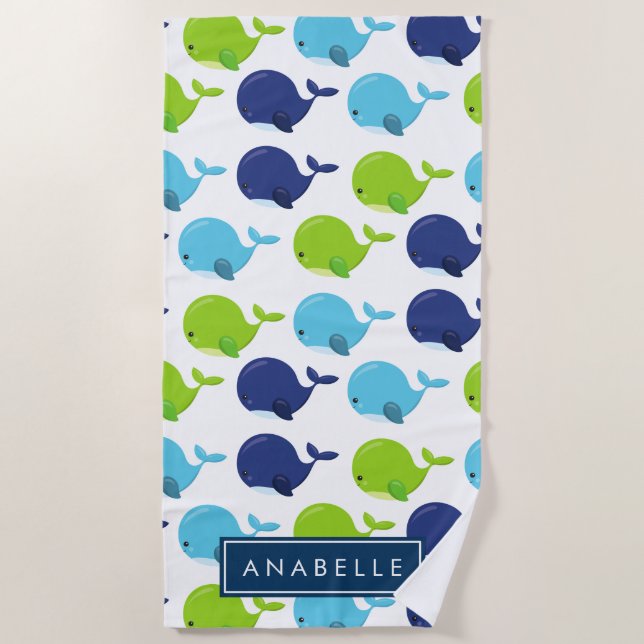 Pattern Of Whales, Cute Whales, Your Name Beach Towel (Front)
