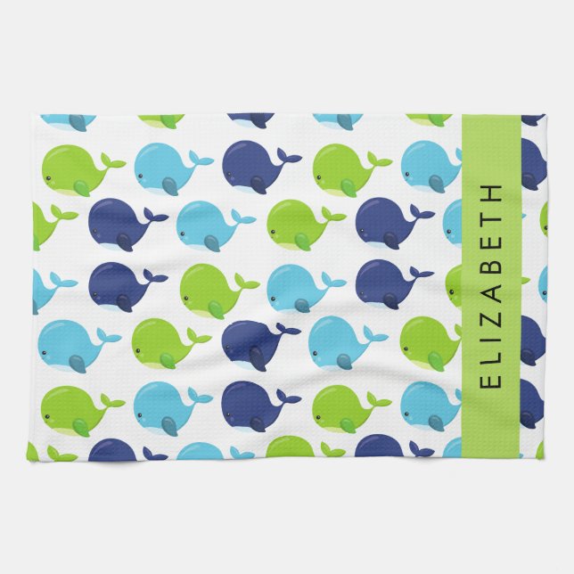 Pattern Of Whales, Cute Whales, Your Name Kitchen Towel (Horizontal)