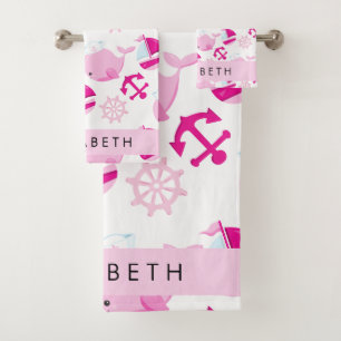 Pattern Of Whales, Pink Whales, Your Name Bath Towel Set