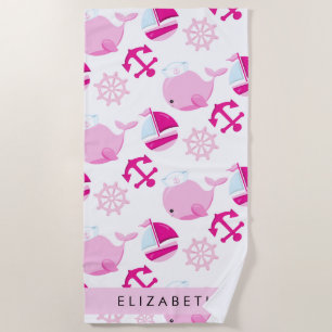 Pattern Of Whales, Pink Whales, Your Name Beach Towel