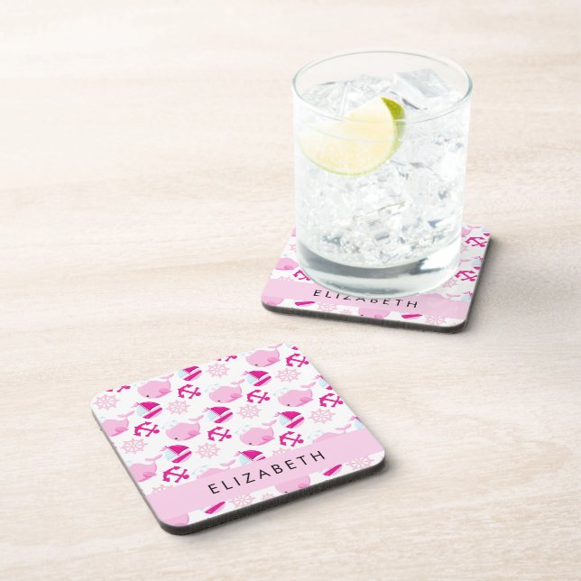 Pattern Of Whales, Pink Whales, Your Name Coaster (Right Side)