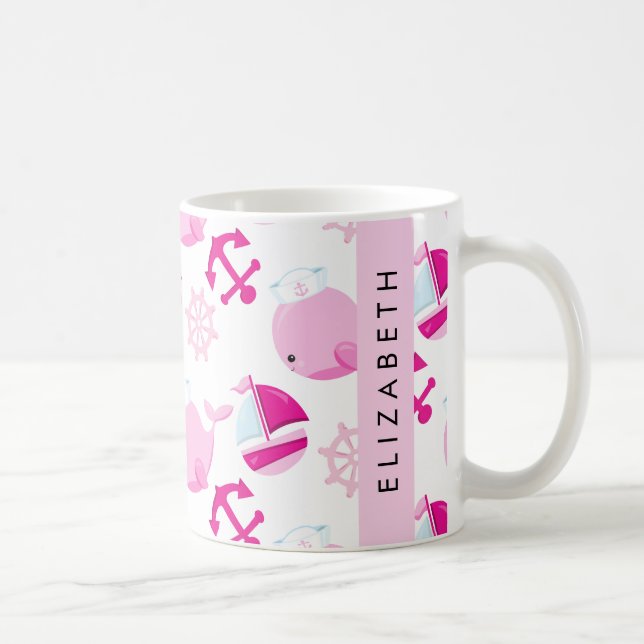Pattern Of Whales, Pink Whales, Your Name Coffee Mug (Right)