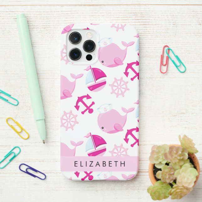 Pattern Of Whales, Pink Whales, Your Name iPhone Case (On Desk)
