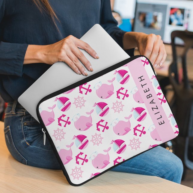 Pattern Of Whales, Pink Whales, Your Name Laptop Sleeve (Creator Uploaded)