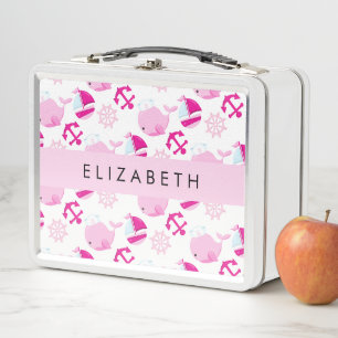 Pattern Of Whales, Pink Whales, Your Name Metal Lunch Box