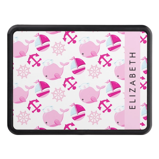 Pattern Of Whales, Pink Whales, Your Name Trailer Hitch Cover (Front)