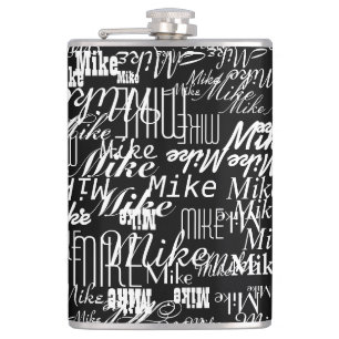 Pattern of White Names on Black Hip Flask