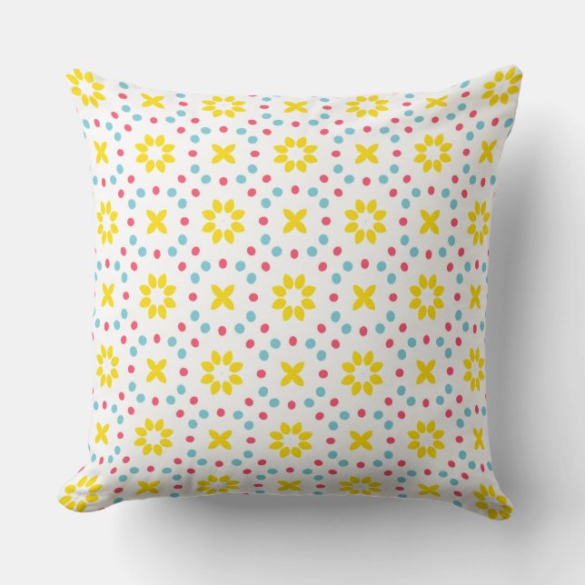 pattern of yellow flowers and red and blue dots throw pillow (Front)
