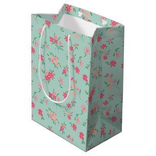 Pattern Pink Dainty Flowers Teal Medium Gift Bag