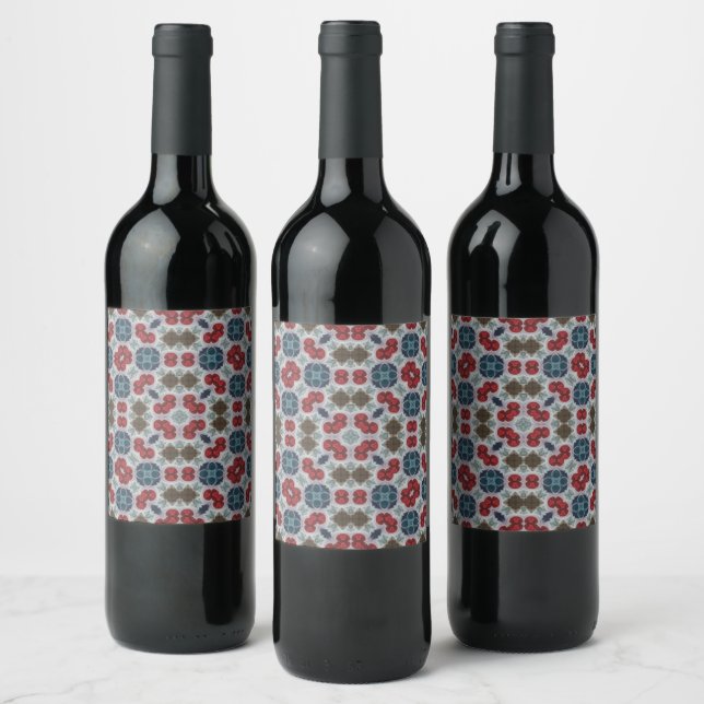 Pattern Red, Blue, Green on Grey Cozy Red Wine Wine Label (Bottles)