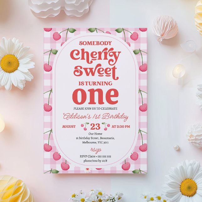 Pattern Red Someone Cherry Sweet Birthday Invitation (Somebody Cherry Sweet Birthday Invitation Template, Retro Cherry Themed Birthday Invitation For Girl)