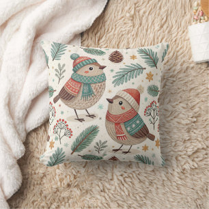 Pattern Scandinavian Holiday Birds Throw Pillow