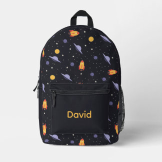 Pattern space lavender orange black name printed backpack