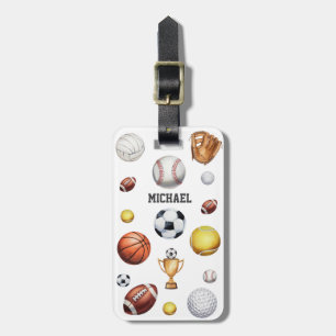 pattern sports themed soccer tennis baseball  luggage tag