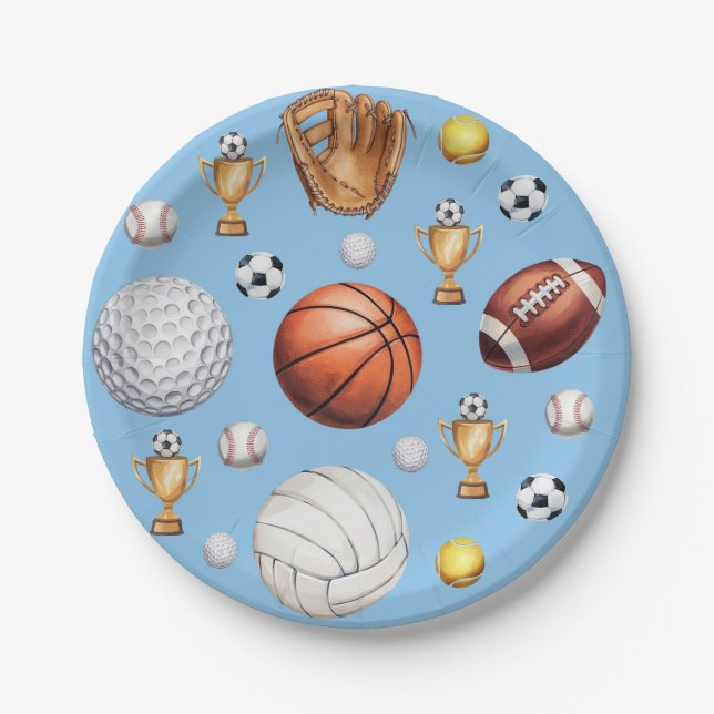 pattern sports themed soccer tennis baseball       paper plate (Front)