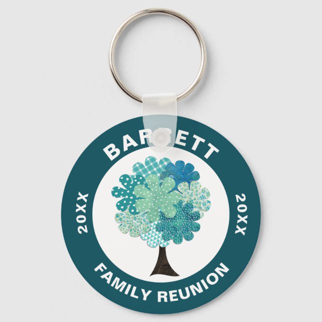 Pattern Tree Family Reunion Blue Green Souvenir Keychain (Front)