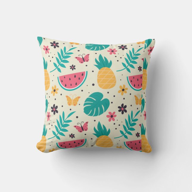 Pattern Tropical Fruit Watermelon Pineapple And Fl Throw Pillow (Front)