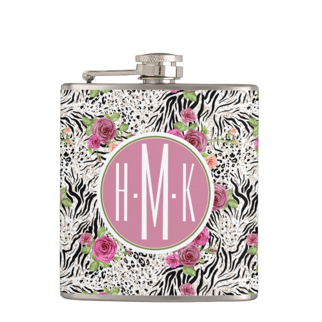 Pattern With Animal Prints | Monogram Hip Flask (Front)