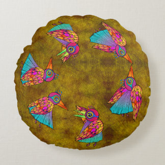 Pattern With bird creatures Round Pillow