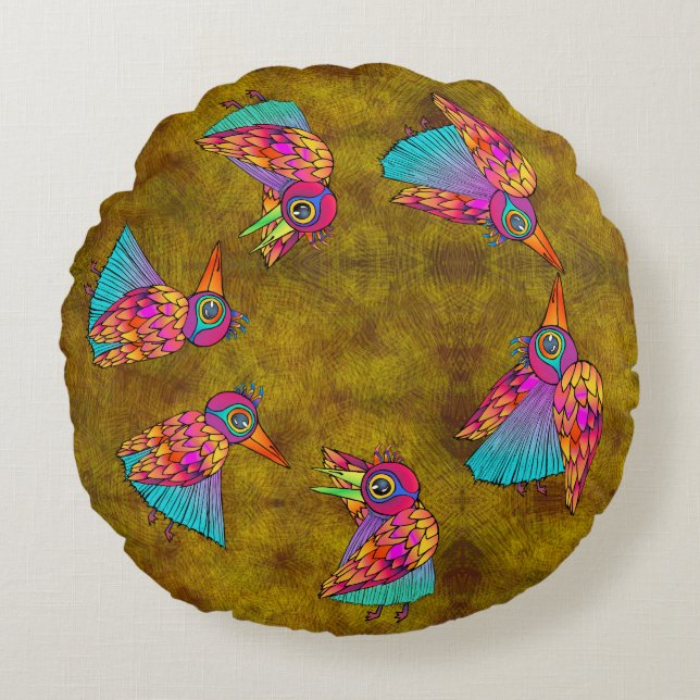 Pattern With bird creatures Round Pillow (Front)