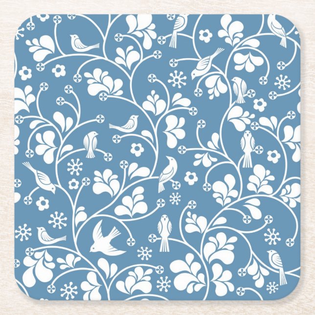 pattern with birds and plants ornament square paper coaster (Front)
