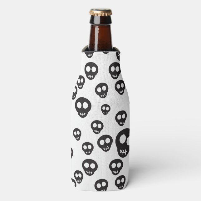 Pattern with black skulls on white bottle cooler (Bottle Front)